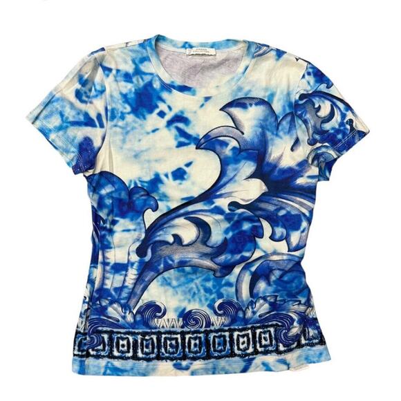Versace Collection T-Shirt Rhinestone Blue Wave 42 UK 10 US 6 S Runway Baroque - Picture 1 of 9